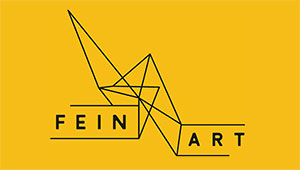 FEINART (The Future of European Independent Art Spaces in a Period of Socially Engaged Art) Logo. The letters F E I N A R T are evenly spaced in a strip across the middle of a solid yellow background with a geometric design, in the background, that represents the connection point between several European cities who jointly form of the FEINART network.