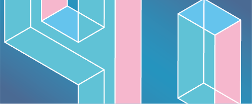 Abstract polygon composed of rectangular panels in muted shades of pastel pink, blue and green. On a teal background