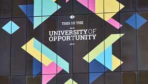 University of Opportunity decal on campus building at the University of Wolverhampton