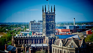 Skyline of Wolverhampton city, showing the roofs of taller buildings, especially St. Peters Collegiate Church