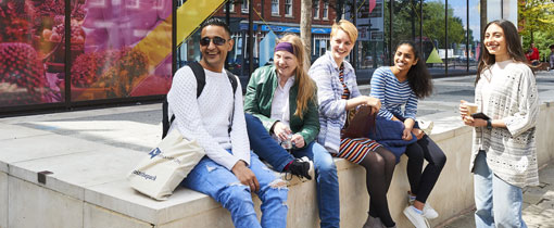 Students sat outside the Rosalind Franklin building